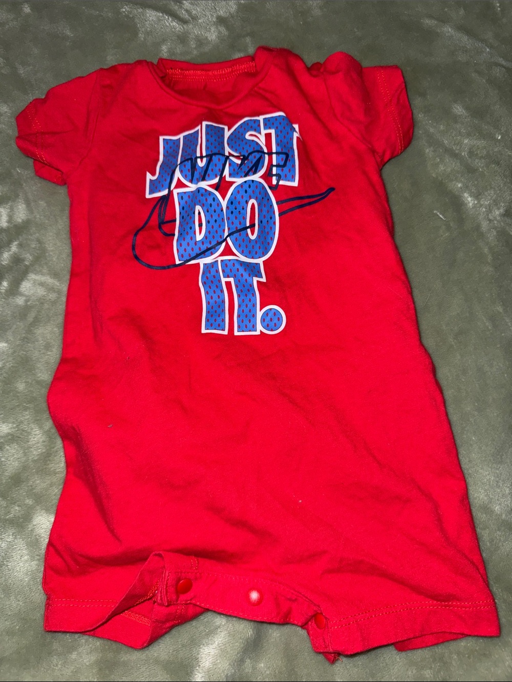 9m Nike Red Short Sleeve Baby Romper with Blue 'Just Do It.' Graphic like new